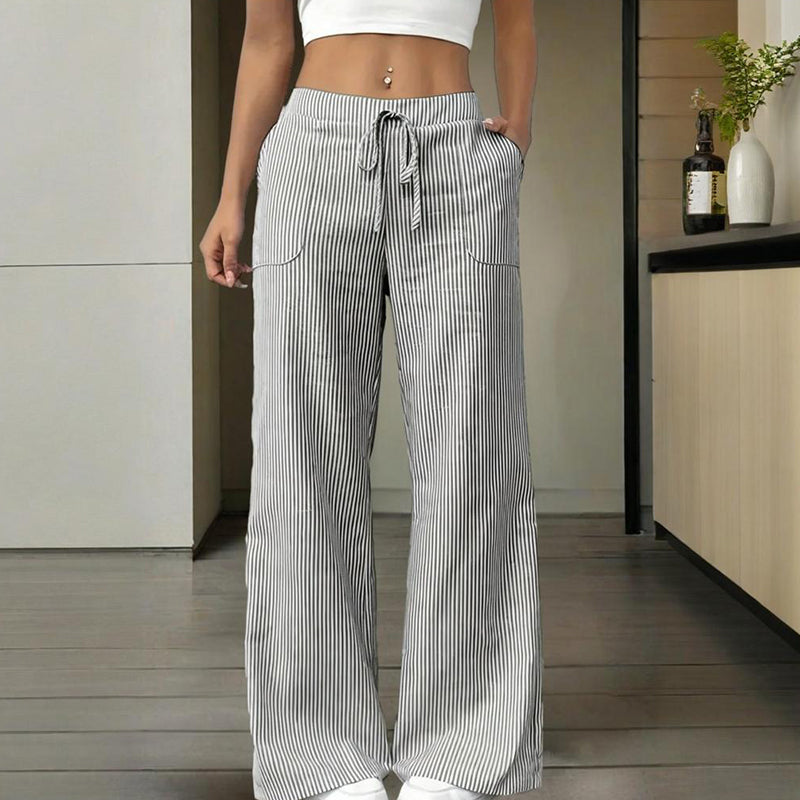 Women's Striped Wide Leg Pants With Pockets & Tie-Waist Detail - Casual Minimalist Trousers