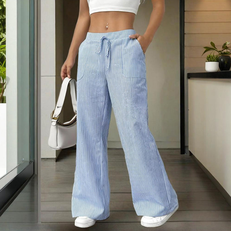 Women's Striped Wide Leg Pants With Pockets & Tie-Waist Detail - Casual Minimalist Trousers