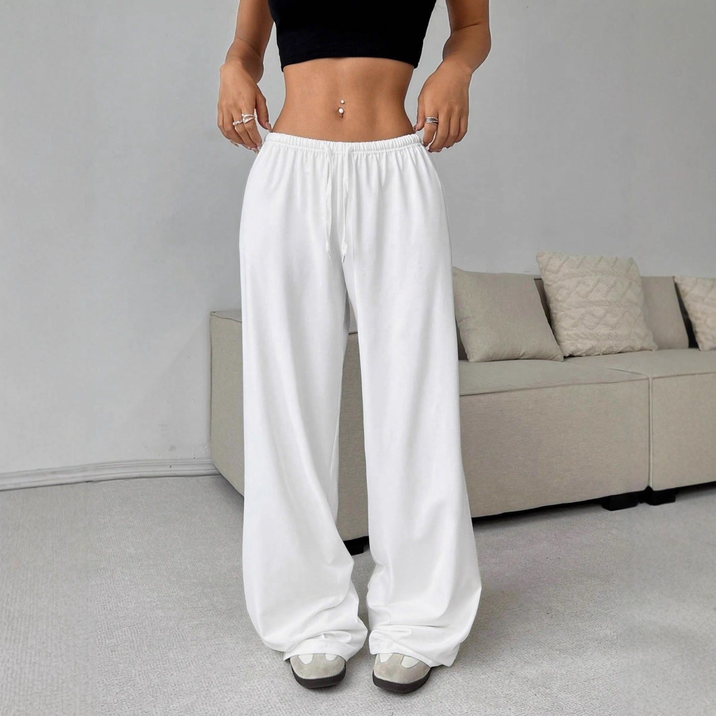 Trousers Elastic Waistband Lace-up Wide-leg Casual Pants