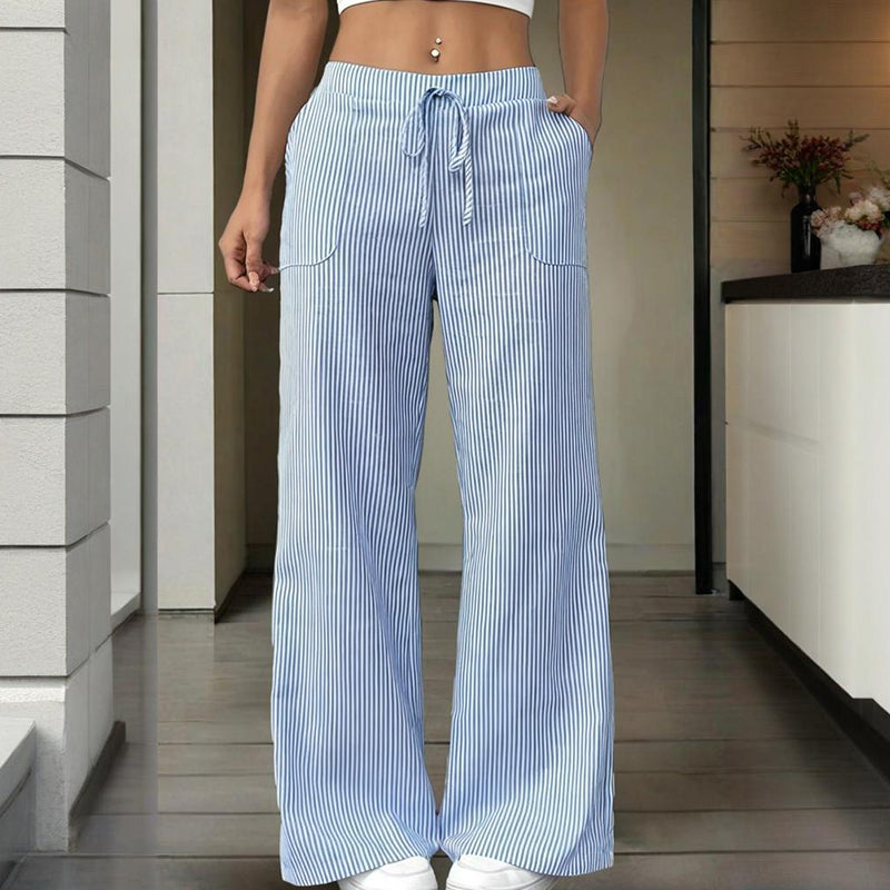 Women's Striped Wide Leg Pants With Pockets & Tie-Waist Detail - Casual Minimalist Trousers