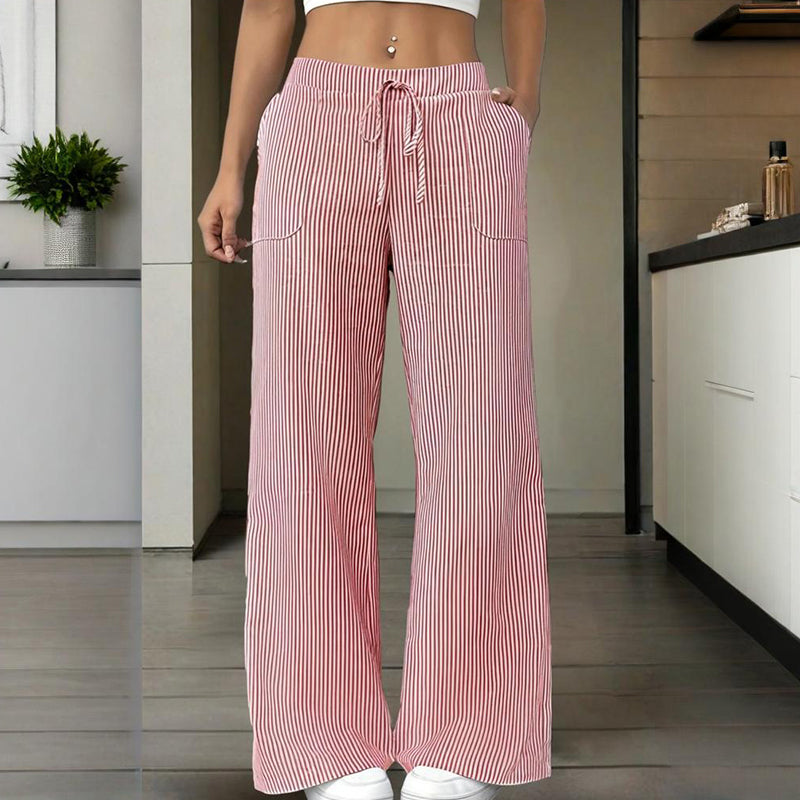Women's Striped Wide Leg Pants With Pockets & Tie-Waist Detail - Casual Minimalist Trousers