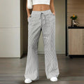 Women's Striped Wide Leg Pants With Pockets & Tie-Waist Detail - Casual Minimalist Trousers