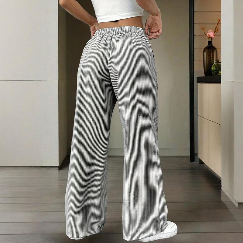Women's Striped Wide Leg Pants With Pockets & Tie-Waist Detail - Casual Minimalist Trousers