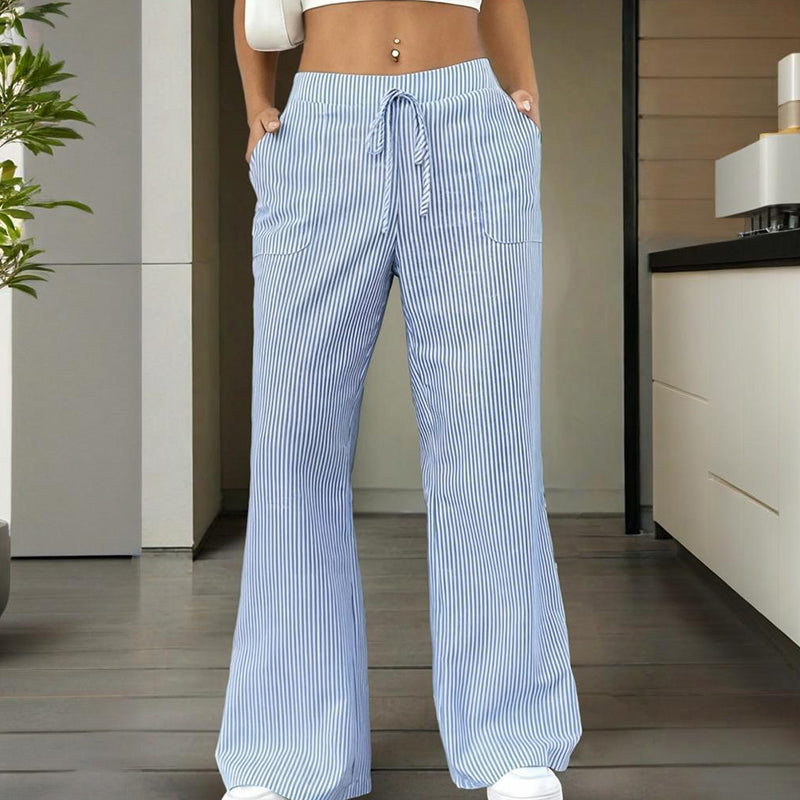 Women's Striped Wide Leg Pants With Pockets & Tie-Waist Detail - Casual Minimalist Trousers
