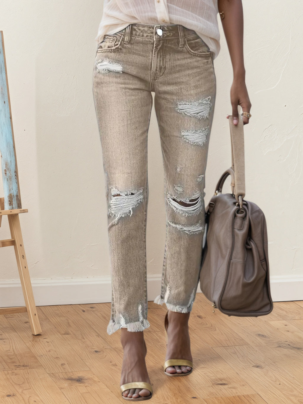 2025 New Women's Fashion Ripped Plus-sized Jeans, Straight And Slim 9-inch Jeans, Retro And Comfortable Jeans, Suitable For All Occasions, Plus-sized Women's Denim Clothing